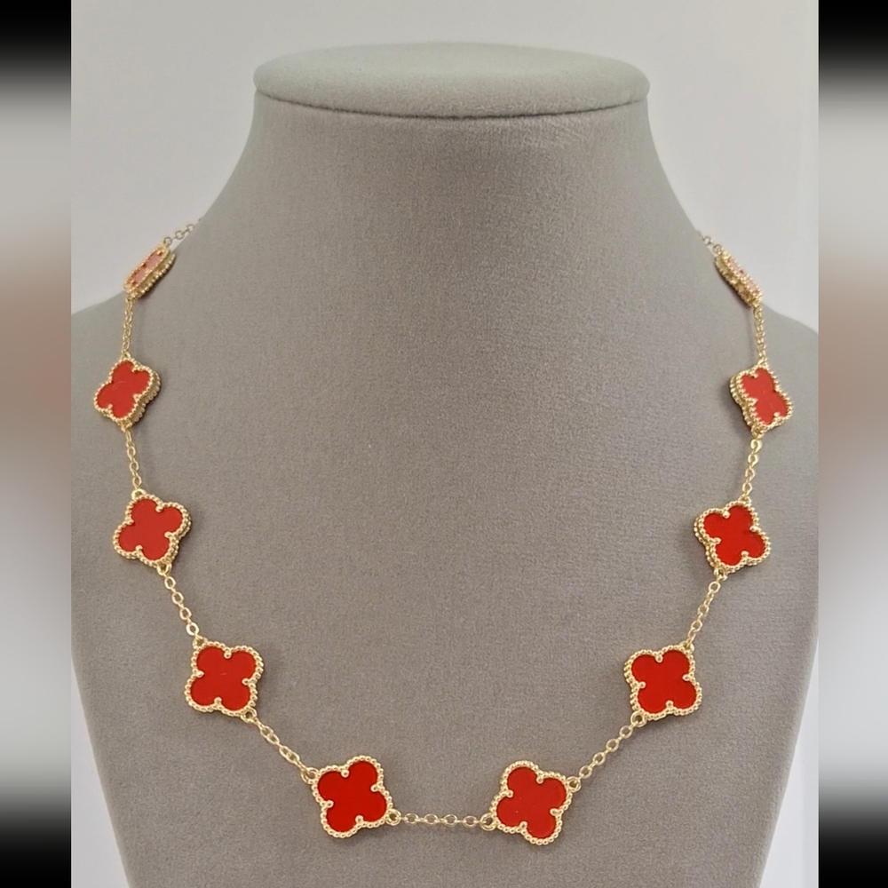 Red enamel four leafs Clover necklace